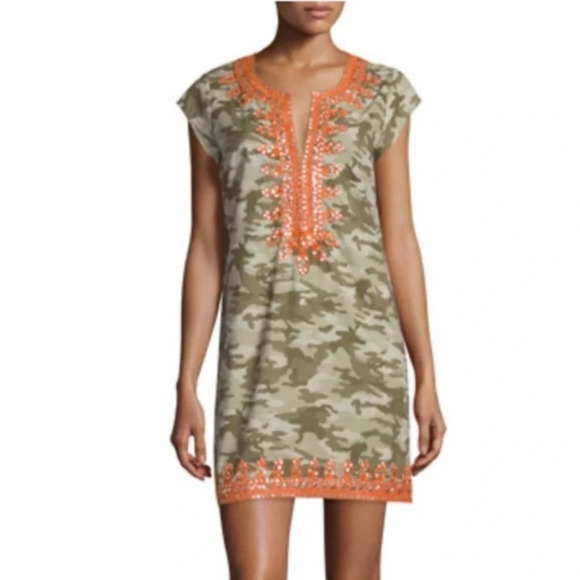 Calypso St. Barth swim cover up size XS camo orange beaded excellent condition - Picture 1 of 5